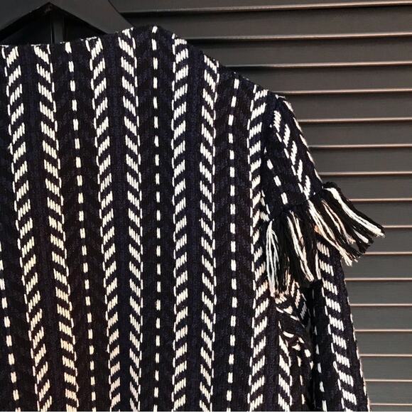 Everly Tweed Fringe Jacket Woven in Blue, Black and White, Size Medium - Picture 12 of 15